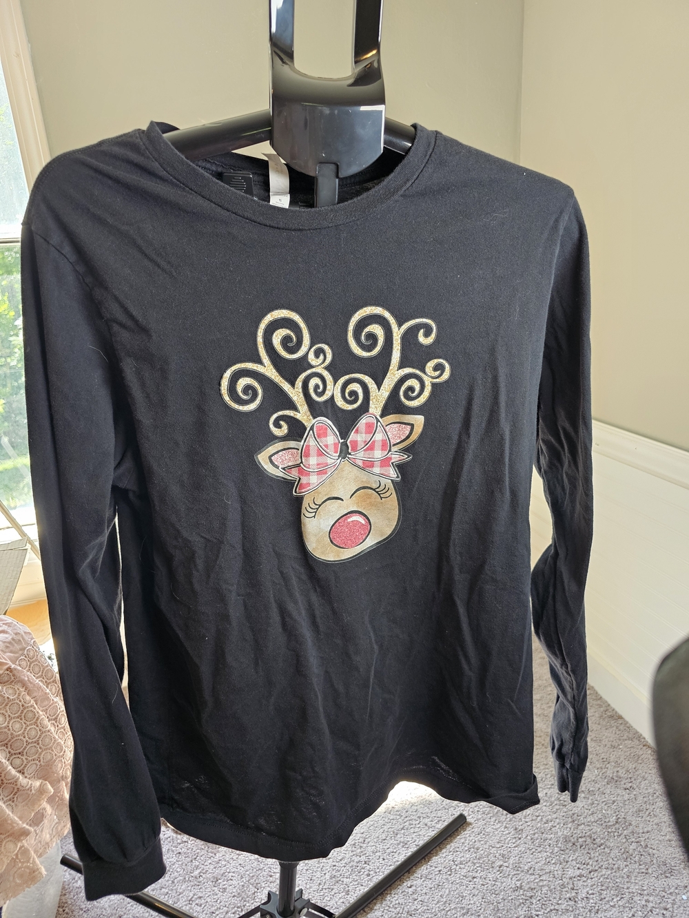 Bella Canvas Black Long-Sleeve Tee with Glitter Antler Reindeer and Pink Bow